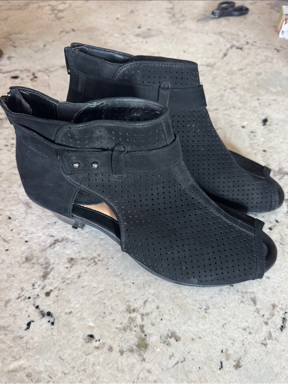 Earth Black Perforated Peep-Toe Ankle Boots